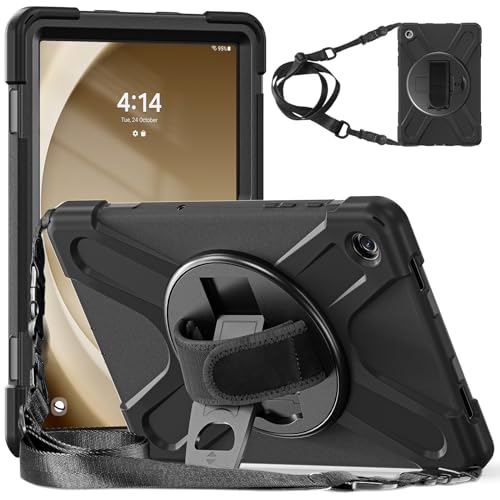 SLLMYYX Schutzhülle für Samsung Galaxy Tab A9+ 11 Zoll SM-X210/X215/X216, 360 Grad drehbar, Ständer, stoßfest, robust, Schutzhülle mit Schultergurt, Schwarz von SLLMYYX