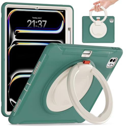 SLLMYYX Schutzhülle für iPad Pro 13 Zoll 2024 M4 (Modell: A2925/A2926/A3007), 360° drehbarer Ständer, Griff, klappbarer Ständer, stoßfest, robuste Schutzhülle (Smaragdgrün) von SLLMYYX