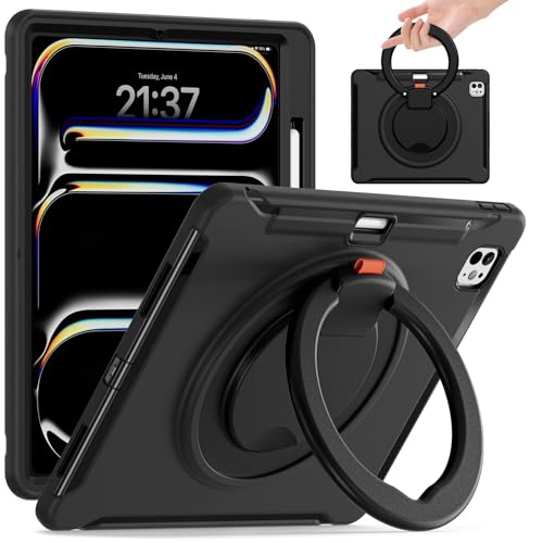SLLMYYX Schutzhülle für iPad Pro 13 Zoll 2024 M4 (Modell: A2925/A2926/A3007), 360° drehbarer Ständer, Griff, klappbarer Ständer, stoßfest, robuste Schutzhülle (schwarz) von SLLMYYX