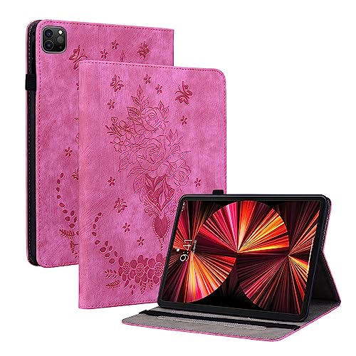 SLLMYYX Schutzhülle für iPad Pro 27,9 cm (11 Zoll) 2021/2020/2018 4. / 3. / 2. / 1. Generation, Rose, Schmetterling, Blumen, PU-Leder, verstellbarer Ständer, schlanke Folio-Schutzhülle (Rosarot) von SLLMYYX