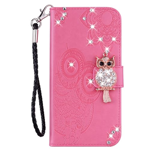 SLLMYYX Schutzhülle kompatibel mit Samsung Galaxy S20 Plus, Bling Glitzer Diamant Eule PU Leder Flip Handyhülle mit Handschlaufe (Rosa) von SLLMYYX