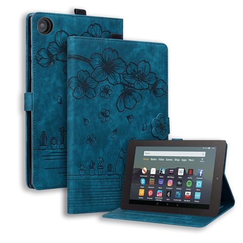 SLLMYYX Tablet-Hülle kompatibel mit Kindle Fire HD 8 & 8 Plus Tablet (12. / 10. Generation 2022/2020), Kirschblüten-Katze, PU-Leder, Folio-Aufstellfunktion, Smart-Cover, Blau von SLLMYYX