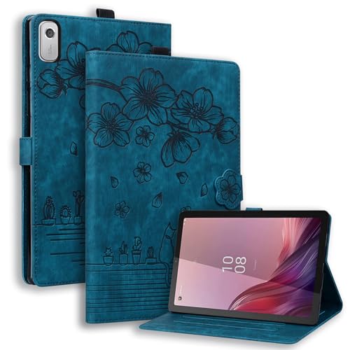 SLLMYYX Tablet-Hülle kompatibel mit Lenovo Tab M9 9 Zoll 2023 TB310FU, Kirschblüten-Katze, PU-Leder, Folio-Ständer, Smart Cover (blau) von SLLMYYX