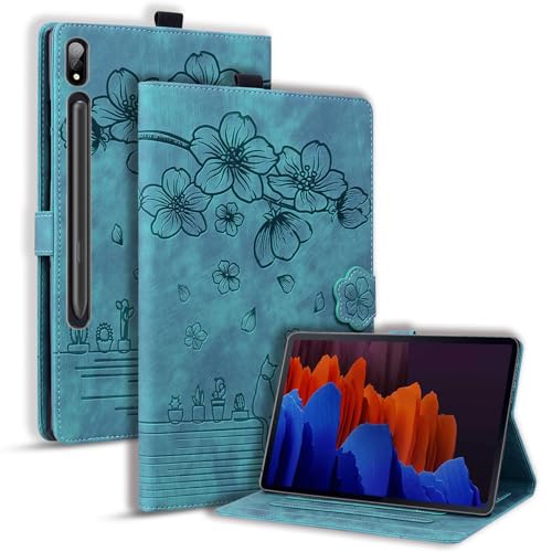 SLLMYYX Tablet-Hülle kompatibel mit Samsung Galaxy Tab S8 Ultra 14,6 Zoll 2022 Release SM-X900, Kirschblüten-Katze, PU-Leder, Folio-Aufsteller, Smart Cover (grün) von SLLMYYX