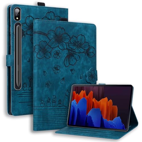 SLLMYYX Tablet-Hülle kompatibel mit Samsung Galaxy Tab S9 FE Plus/S9 Plus/S8 Plus/S7 FE/S7 Plus 12,5 Zoll, Kirschblüten-Katze, PU-Leder, Folio-Aufsteller, Smart Cover (blau) von SLLMYYX