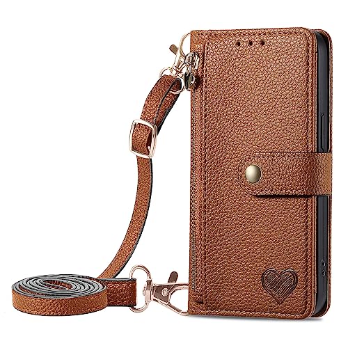 SLLMYYX Wallet Case Compatible with OnePlus N100 5G, RFID Blocking Zipper Pocket Purse Love PU Leather Kickstand Wrist Phone Case with Adjustable Crossbody Lanyard (Brown) von SLLMYYX