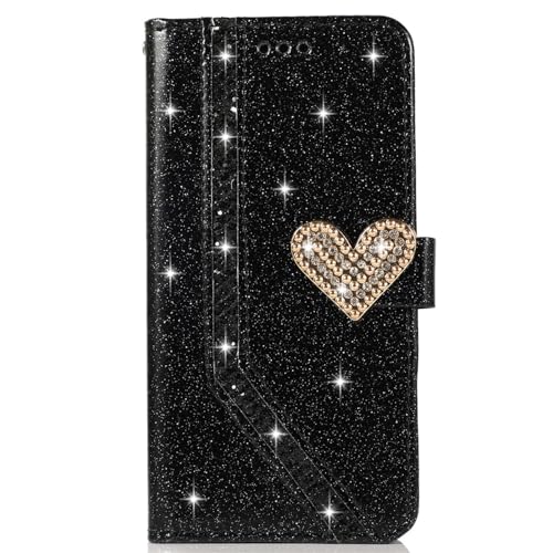 SLLMYYX Wallet Case Kompatibel mit Samsung Galaxy A26 5G, Bling Glitzer Diamant Liebe Schnalle PU Leder Handyhülle mit Kartenhalter Flip Cover (Schwarz) von SLLMYYX