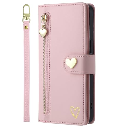 SLLMYYX Wallet Case Kompatibel mit Xiaomi Poco M4 Pro 5G, strapazierfähiges PU-Leder Flip Lanyard Handgelenk Reißverschlusstasche 9 Kartenhalter Frauen Handyhülle (Pink) von SLLMYYX