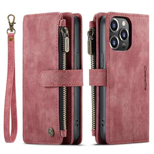 SLLMYYX Wallet Case Kompatibel mit iPhone 15 Pro, Luxus PU Leder Handtasche Reißverschluss Tasche Fall 10 Kartenfächer und Handschlaufe (Rot) von SLLMYYX
