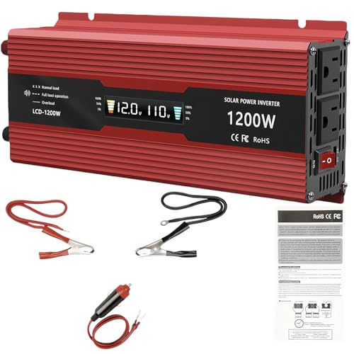 SLWHYZL Auto-Wechselrichter, 1200 W, modifizierter Sinus-Wechselrichter DC 12 V auf AC 110 V, mit 8 Mehrfachschutzvorrichtungen und LCD-Anzeige, Wechselrichter für Fahrzeuge SLWHYZL Auto-Wechselrichter, 1200 W, modifizierter Sinus-Wechselrichter DC 12 V auf AC 110 V, mit 8 Mehrfachschutzvorrichtungen und LCD-Anzeige, Wechselrichter für Fahrzeuge von SLWHYZL