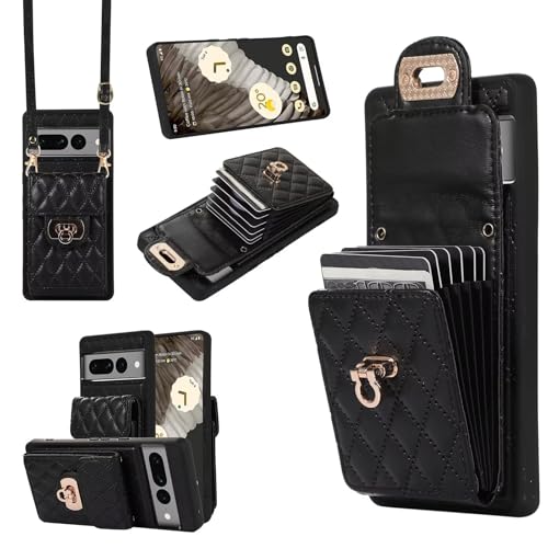 SLWYF Handyhülle für Google Pixel 7 Hülle mit Band, Leder Handykette Case mit Kartenhalter, Magnetische Hülle Handyhülle Klapphülle, Schutzhülle Handytasche, Schwarz von SLWYF