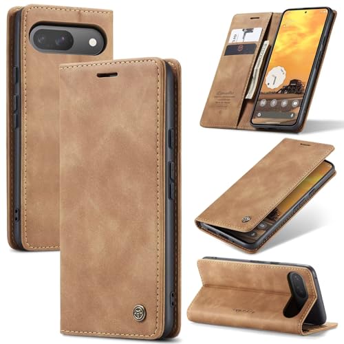 SLWYF Handyhülle für Google Pixel 9/Google Pixel 9 Pro Hülle, PU Leder Flip Tasche Klappbar Magnet Wallet Lederhülle, Silikon Bumper Klapphülle Case mit Kartenfäch für Google Pixel 9 Pro, Braun von SLWYF