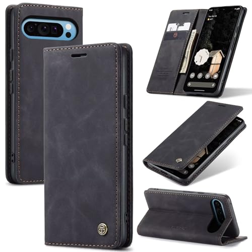 SLWYF Handyhülle für Google Pixel 9 Pro XL Hülle, PU Leder Flip Tasche Klappbar Magnet Wallet Lederhülle, Silikon Bumper Klapphülle Case mit Kartenfäch für Google Pixel 9 Pro XL, Schwarz von SLWYF