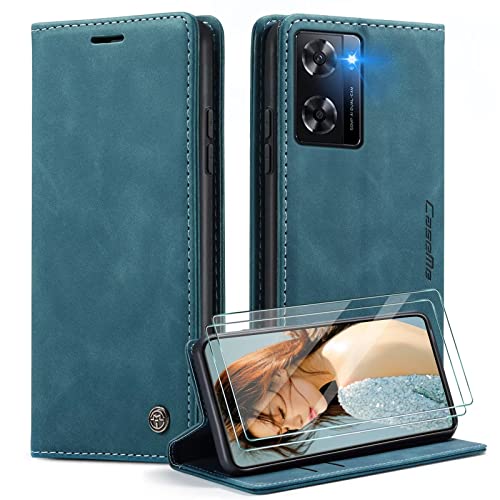 SLWYF Handyhülle für Oppo A57S/A57 2022/A77 5G/Realme V23 Hülle +2 Stück Panzerglas Schutzfolie, Premium Leder Brieftasche Schutzhülle [Kartenfach][Stand] für Oppo A57S/A57 2022/Realme V23,Blaugrün von SLWYF