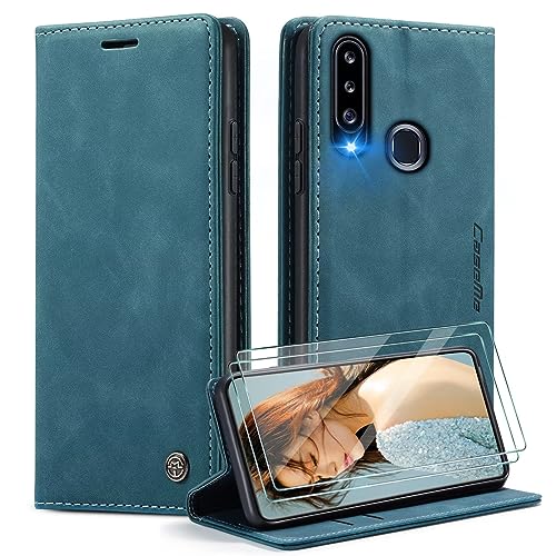 SLWYF Handyhülle für Samsung Galaxy A20S Hülle +2 Stück Panzerglas Schutzfolie, Premium Leder Brieftasche Schutzhülle [Kartenfach][Stand] für Samsung Galaxy A20S,Blaugrün von SLWYF
