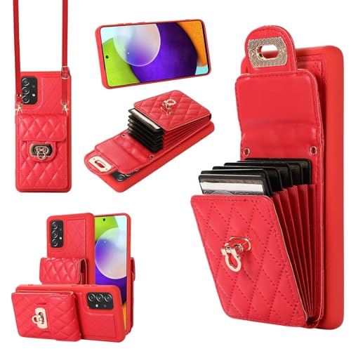 SLWYF Handyhülle für Samsung Galaxy A52/A52 5G/A52S Hülle mit Band, Leder Handykette Case mit Kartenhalter, Magnetische Hülle Handyhülle Klapphülle, Schutzhülle Handytasche, Rot von SLWYF