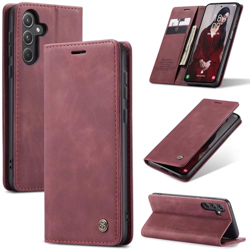 SLWYF Handyhülle für Samsung Galaxy A55 Hülle, PU Leder Flip Tasche Klappbar Magnet Wallet Lederhülle, Silikon Bumper Klapphülle Case mit Kartenfäch für Samsung Galaxy A55, Rot von SLWYF