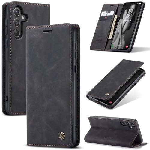 SLWYF Handyhülle für Samsung Galaxy A55 Hülle, PU Leder Flip Tasche Klappbar Magnet Wallet Lederhülle, Silikon Bumper Klapphülle Case mit Kartenfäch für Samsung Galaxy A55, Schwarz von SLWYF