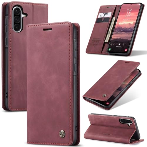 SLWYF Handyhülle für Samsung Galaxy A56 Hülle, PU Leder Flip Tasche Klappbar Magnet Wallet Lederhülle, Silikon Bumper Klapphülle Case mit Kartenfäch für Samsung Galaxy A56, Rot von SLWYF