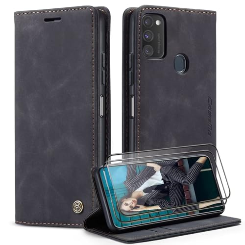SLWYF Handyhülle für Samsung Galaxy M31 Hülle [Mit 2 Stück Panzer Schutz Glas] [Premium PU Leder] [Kartenfach] Klapphülle kompatibel mit Samsung Galaxy M31, Schwarz von SLWYF