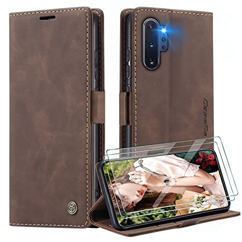 SLWYF Handyhülle für Samsung Galaxy Note10 Plus Hülle +2 Stück Panzerglas Schutzfolie, Premium Leder Brieftasche Schutzhülle [Kartenfach][Stand] für Samsung Galaxy Note10 Plus,Kaffee von SLWYF
