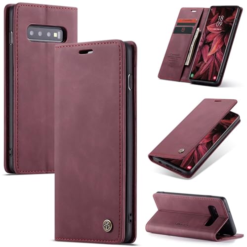 SLWYF Handyhülle für Samsung Galaxy S10 Plus Hülle, PU Leder Flip Tasche Klappbar Magnet Wallet Lederhülle, Silikon Bumper Klapphülle Case mit Kartenfäch für Samsung Galaxy S10 Plus, Rot von SLWYF