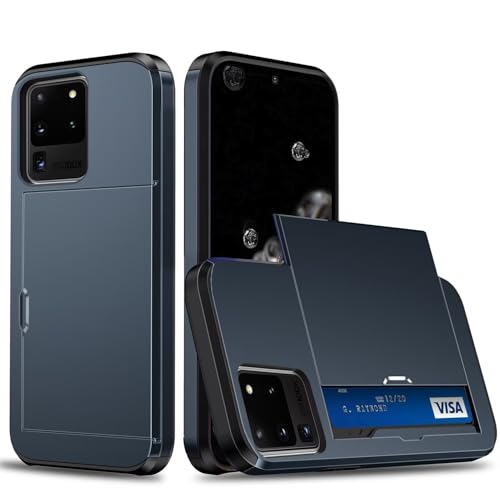 SLWYF Handyhülle für Samsung Galaxy S20 Ultra Hülle, mit Kartenfach, Harte PC Stoßfest Robust Fallschutz Outdoor Militär Schutzhülle für Samsung Galaxy S20 Ultra (Marineblau) von SLWYF