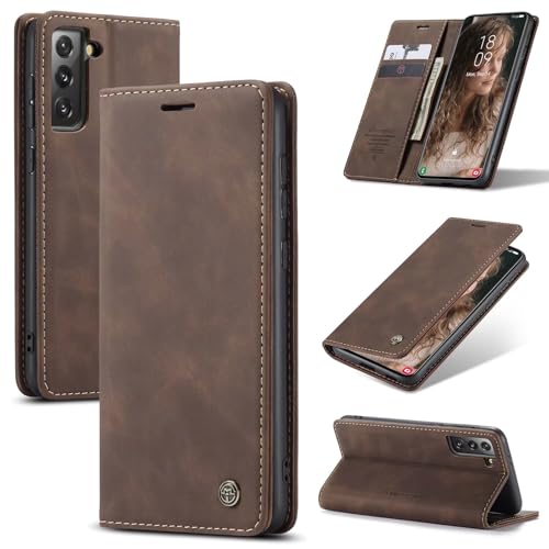 SLWYF Handyhülle für Samsung Galaxy S21 Hülle, PU Leder Flip Tasche Klappbar Magnet Wallet Lederhülle, Silikon Bumper Klapphülle Case mit Kartenfäch für Samsung Galaxy S21, Kaffee von SLWYF