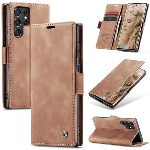 SLWYF Handyhülle für Samsung Galaxy S22 Ultra Hülle, PU Leder Flip Tasche Klappbar Magnet Wallet Lederhülle, Silikon Bumper Klapphülle Case mit Kartenfäch für Samsung Galaxy S22 Ultra, Braun von SLWYF