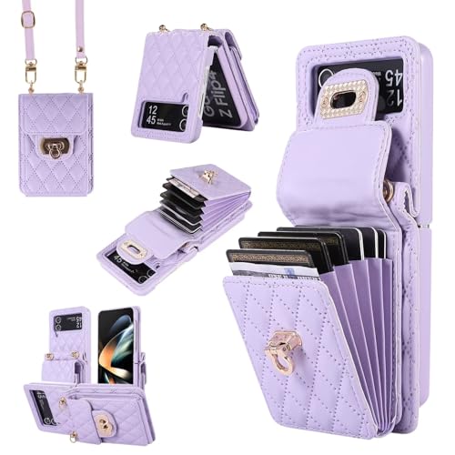 SLWYF Handyhülle für Samsung Galaxy Z Flip4 Hülle mit Band, Leder Handykette Case mit Kartenhalter, Magnetische Hülle Handyhülle Klapphülle, Schutzhülle Handytasche, Violett von SLWYF