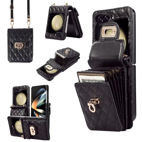 SLWYF Handyhülle für Samsung Galaxy Z Flip5 Hülle mit Band, Leder Handykette Case mit Kartenhalter, Magnetische Hülle Handyhülle Klapphülle, Schutzhülle Handytasche, Schwarz von SLWYF