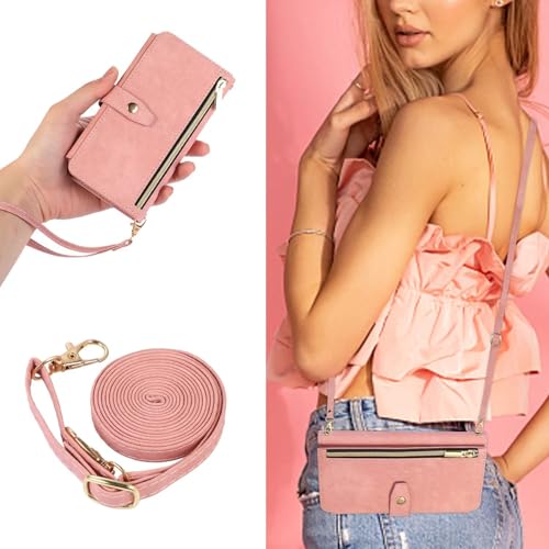 SLWYF Handyhülle für Samsung Galaxy Z Flip6 Hülle, Retro Reißverschluss Hülle PU Leder Klapphülle Magnetverschluss mit Trageband 9 Kartenfach Standfunktion Geldbörse Schutzhülle - Pink von SLWYF