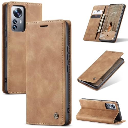 SLWYF Handyhülle für Xiaomi 12 Pro Hülle, PU Leder Flip Tasche Klappbar Magnet Wallet Lederhülle, Silikon Bumper Klapphülle Case mit Kartenfäch für Xiaomi 12 Pro, Braun von SLWYF