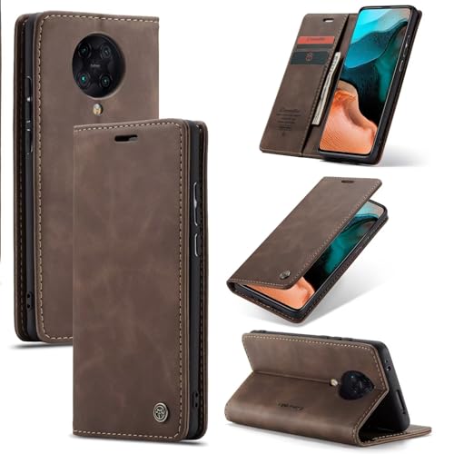 SLWYF Handyhülle für Xiaomi Poco F2 Pro/Redmi K30 Pro Hülle, PU Leder Flip Tasche Klappbar Magnet Wallet Lederhülle, Silikon Bumper Klapphülle Case mit Kartenfäch für Xiaomi Poco F2 Pro, Kaffee von SLWYF