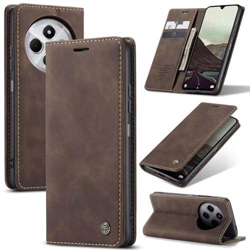 SLWYF Handyhülle für Xiaomi Redmi 14C Hülle, PU Leder Flip Tasche Klappbar Magnet Wallet Lederhülle, Silikon Bumper Klapphülle Case mit Kartenfäch für Xiaomi Redmi 14C, Kaffee von SLWYF