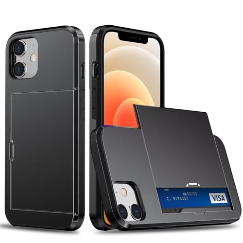 SLWYF Handyhülle für iPhone 12 Mini/iPhone 13 Mini Hülle, mit Kartenfach, Harte PC Stoßfest Robust Fallschutz Outdoor Militär Schutzhülle für iPhone 12 Mini/iPhone 13 Mini (Schwarz) von SLWYF