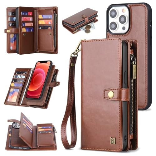 SLWYF Handyhülle für iPhone 13 Hülle (2in1) Leder Stoßfestes Case Abnehmbare magnetische Hülle, MitHandschlaufe Kabelloses Laden Kartenfach Standfunktion Kompatibel mit iPhone 13, Braun von SLWYF