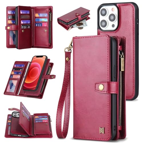 SLWYF Handyhülle für iPhone 13 Hülle (2in1) Leder Stoßfestes Case Abnehmbare magnetische Hülle, MitHandschlaufe Kabelloses Laden Kartenfach Standfunktion Kompatibel mit iPhone 13, Rot von SLWYF