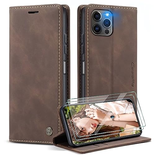 SLWYF Handyhülle für iPhone 13 Pro Hülle +2 Stück Panzerglas Schutzfolie, Premium Leder Brieftasche Schutzhülle [Kartenfach][Stand] für iPhone 13 Pro,Kaffee von SLWYF