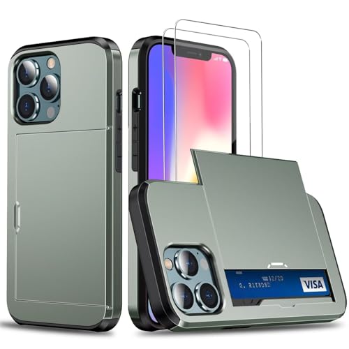 SLWYF Handyhülle für iPhone 13 Pro Hülle mit 2 Stück Panzerglas Schutzfolie, Kartenfach Robust Fallschutz Outdoor Militär Schutzhülle für iPhone 13 Pro (Armee grün) von SLWYF