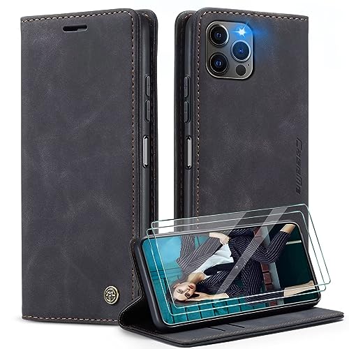 SLWYF Handyhülle für iPhone 14 Pro Hülle +2 Stück Panzerglas Schutzfolie, Premium Leder Brieftasche Schutzhülle [Kartenfach][Stand] für iPhone 14 Pro,Schwarz von SLWYF