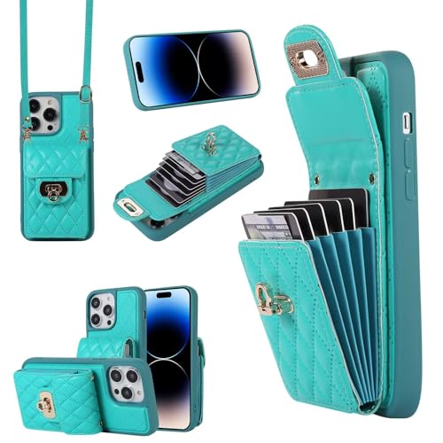 SLWYF Handyhülle für iPhone 15 Hülle mit Band, Leder Handykette Case mit Kartenhalter, Magnetische Hülle Handyhülle Klapphülle, Schutzhülle Handytasche, Grün von SLWYF