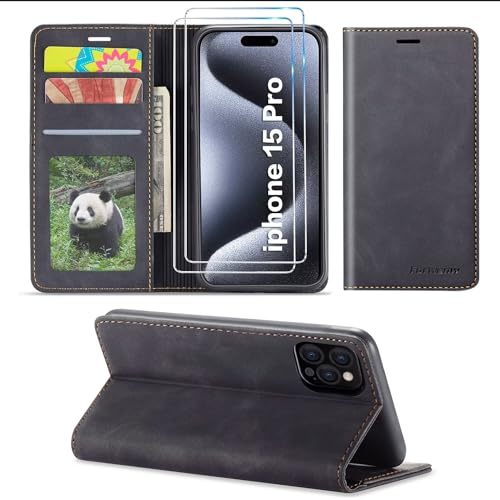 SLWYF Handyhülle für iPhone 15 Pro Hülle mit 2 Stück Schutzfolie, Standfunktion Kartenfach Wallet Premium Leder Flip Case Cover Stoßfeste Klapphülle Magnet Wallet Lederhülle (Schwarz) von SLWYF