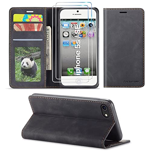 SLWYF Handyhülle für iPhone 5/5S/iPhone SE 2016 Hülle mit 2 Stück Schutzfolie, Standfunktion Kartenfach Wallet Premium Leder Flip Case Cover Stoßfeste Klapphülle Magnet Wallet Lederhülle (Schwarz) SLWYF Handyhülle für iPhone 5/5S/iPhone SE 2016 Hülle mit 2 Stück Schutzfolie, Standfunktion Kartenfach Wallet Premium Leder Flip Case Cover Stoßfeste Klapphülle Magnet Wallet Lederhülle (Schwarz) von SLWYF