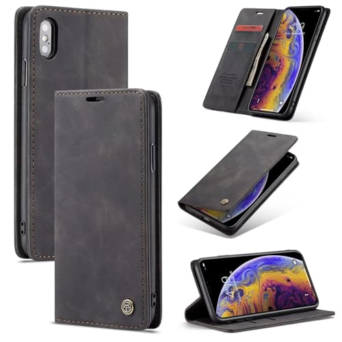 SLWYF Handyhülle für iPhone X/iPhone XS Hülle, PU Leder Flip Tasche Klappbar Magnet Wallet Lederhülle, Silikon Bumper Klapphülle Case mit Kartenfäch für iPhone X/iPhone XS, Schwarz von SLWYF
