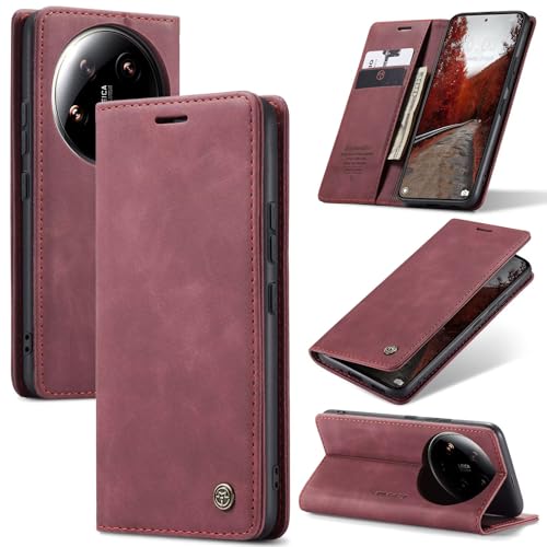 SLWYF Handyhülle für Xiaomi 14 Ultra Hülle, PU Leder Flip Tasche Klappbar Magnet Wallet Lederhülle, Silikon Bumper Klapphülle Case mit Kartenfäch für Xiaomi 14 Ultra, Rot von SLWYF
