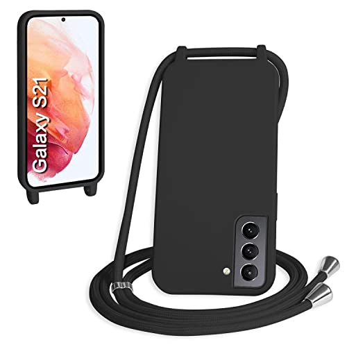 SLWYF Kompatibel mit Samsung Galaxy S21 6.2" Zoll Hülle,Handykette Hülle Silikon Seil Necklace Handyhülle mit Kordel Tasche TPU Bumper Schutzhülle für Galaxy S21-Schwarz von SLWYF