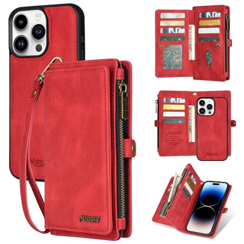 SLWYF Kompatibel mit iPhone 16 Pro Max Hülle, PU Leder Flip Tasche Klappbar Magnet Wallet Lederhülle [Abnehmbar] 2-IN-1 Magnet Handyhülle [Kabellos Laden] iPhone 16 Pro Max mit 11 Kartenfächern, Rot von SLWYF