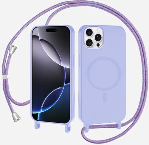 SLWYF Magnetische Handykette für iPhone 16 Pro Hülle mit Band, Handyhülle Kompatibel mit MagSafe, Silikon Seil Necklace Handyhülle PU Stoßfest mit Abnehmbar Kordel zum Umhängen Case - Lichtviolett von SLWYF
