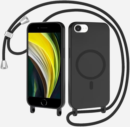 SLWYF Magnetische Handykette für iPhone 6/7/8/SE 2020 Hülle mit Band, Handyhülle Kompatibel mit MagSafe, Silikon Seil Necklace Handyhülle PU Stoßfest mit Abnehmbar Kordel zum Umhängen Case - Schwarz von SLWYF